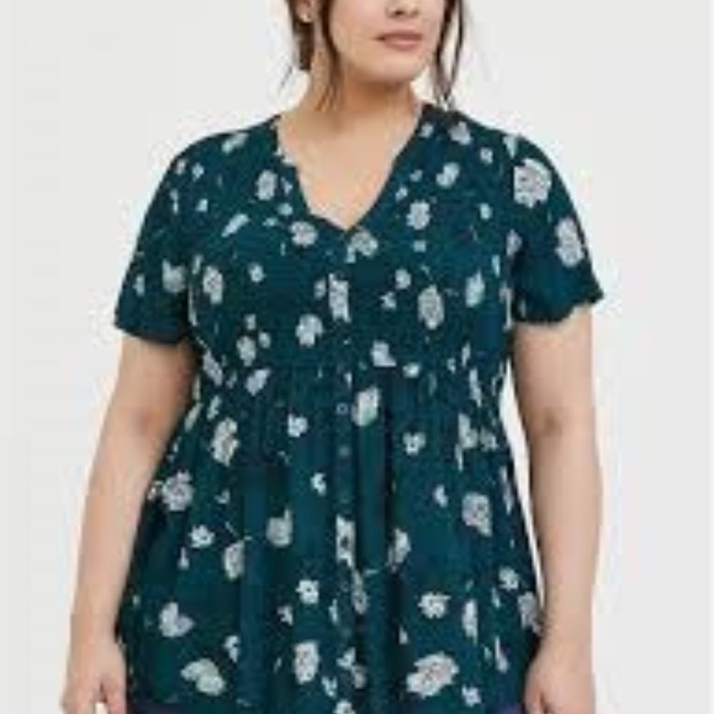 DARK TEAL FLORAL CRINKLED GAUZE BABYDOLL TUNIC